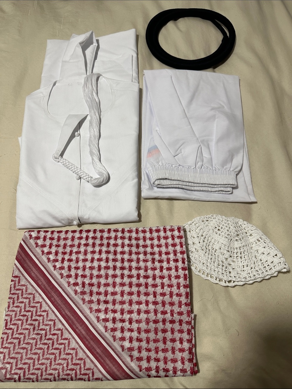 Unbranded White Cotton Prayer Cap and Red-White Keffiyeh 5 pc Set
